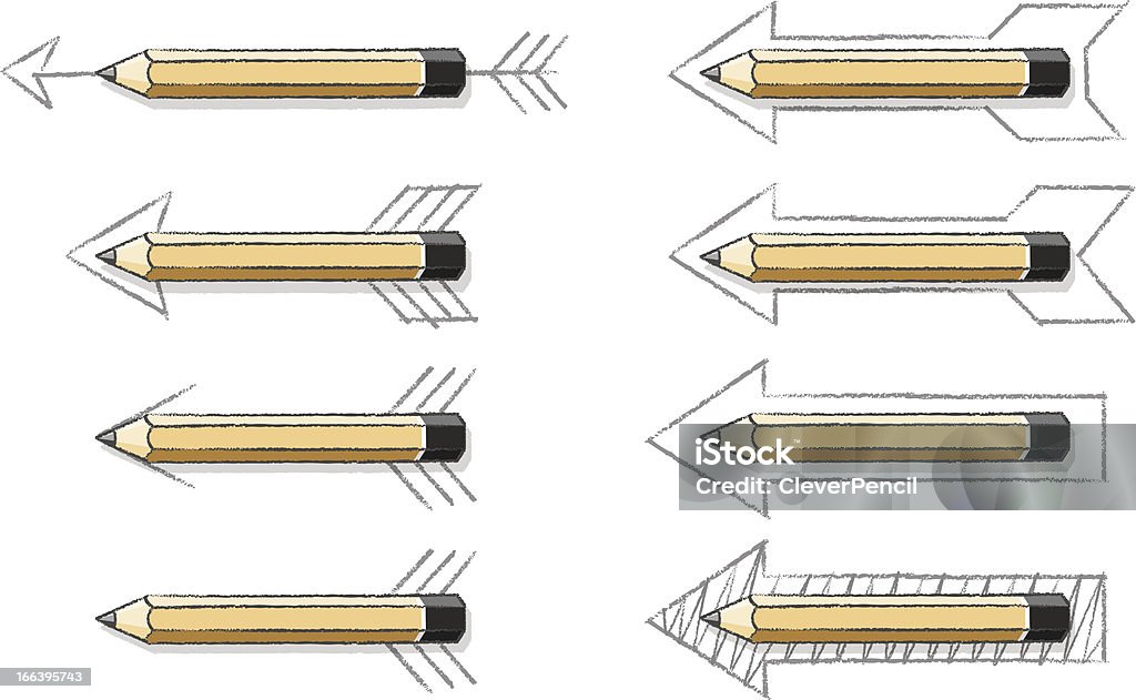 Various Natural Wood Lead Pencil Arrows on white background Natural Wood Finish Lead Pencils Overlaying Various styles of Drawn Arrows with shadow - Vector Acute Angle stock vector