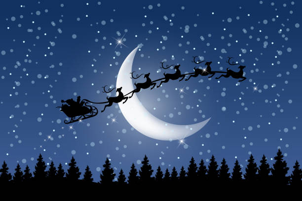 istock Night sky with Santa Claus flying in sleigh with reindeer 1663961424