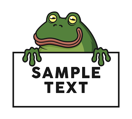 Cartoon green frog character mascot with a happy face peeking out from behind a banner with sample text you can change