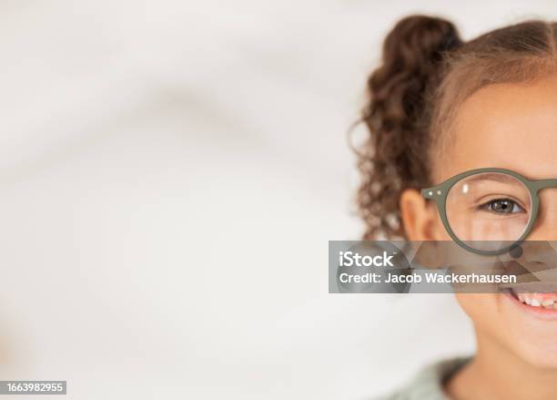 Mockup Advertising And Girl With Glasses From Optometrist For Vision In Eyes At A Clinic Store Or Shop Half Happy And Child With Medical Eyeglasses From Optician With Mock Up Space For Marketing Stock Photo - Download Image Now