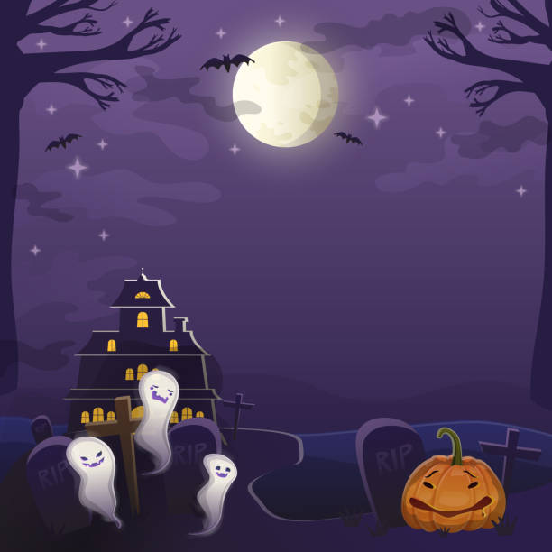 istock Set of different Jack-o-lantern faces expressions. Halloween party pumpkin carving on purple background 1664012092