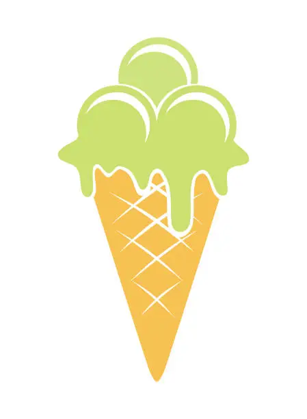 Vector illustration of Mint, Pistachio, or Fruit ice cream in a cone. Green ice cream cone cut out vector icon