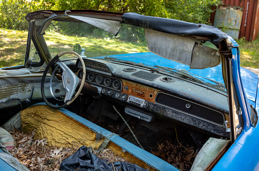 Views of a colorful, rusted and abandoned older car in the woods near the grass airstrip in Marstons Mills, on Cape Cod in MA.