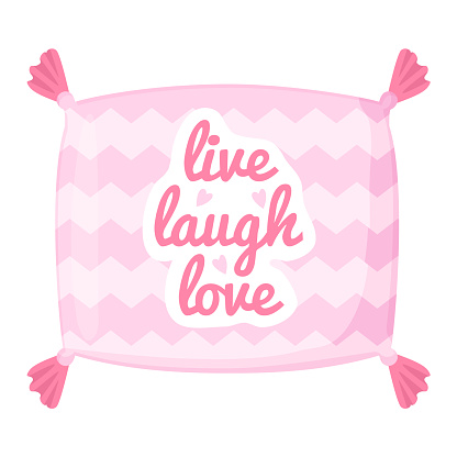Decorative pillow with quote Live love laugh. Cute home cozy things. Stock vector illustration in flat style.
