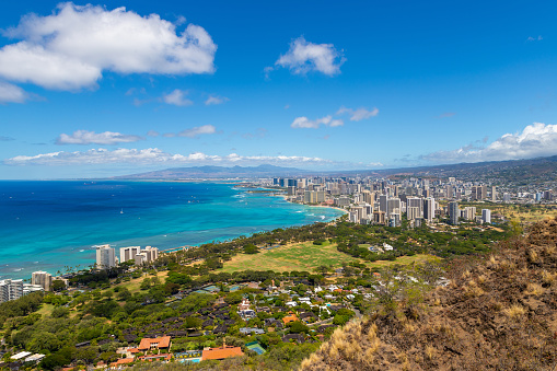 Wide angle view of Honolulu city from Diamond Head lookout, with Waikiki beach landscape and ocean views.