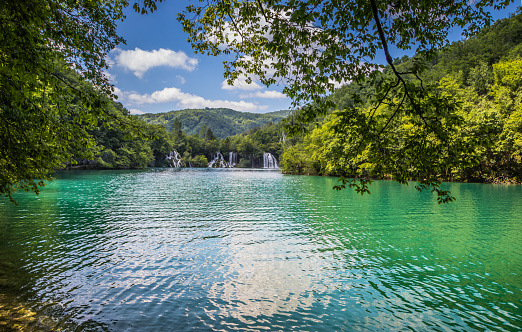 View of the beautiful clear blue Plitvice Lakes and picturesque waterfalls. Rocks and green trees around lakes with blue water. Breathtaking view in the Plitvice Lakes National Park .Croatia