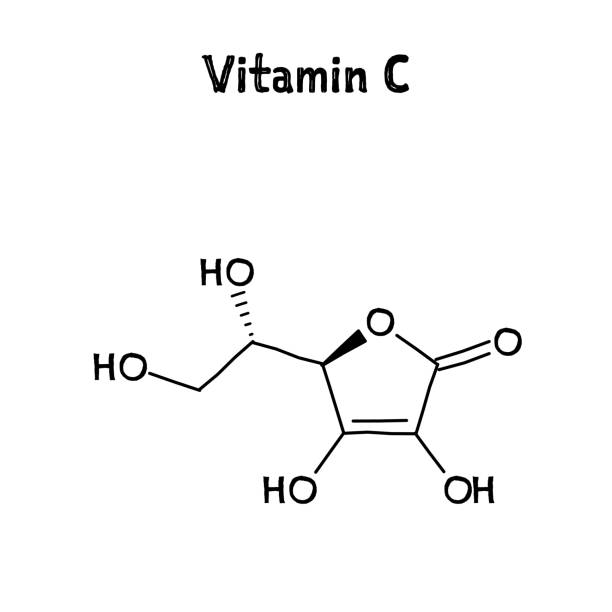 Vitamin C structural formula of molecular structure Vitamin C molecular structure. Vitamin C, ascorbic acid or ascorbate, found in fruits and vegetables. .Vector structural formula of chemical compound. Black pen Hand-drawn style. vitamin c chemical formula stock illustrations