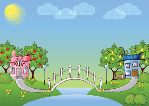 background with cartoon houses in love and a bridge over the river
