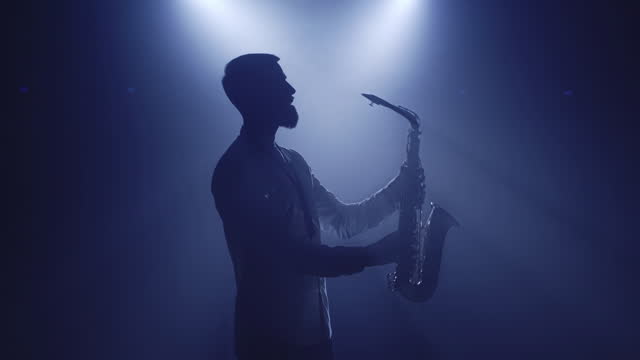 Backlit silhouette of dj man, saxophonist, singer vocalist woman standing start performance on stage