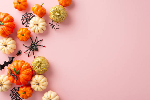 istock Trendsetting Halloween composition. Top view photo featuring tiny orange and golden sparkle pumpkins, eerie spiders, centipede, spiderweb, bat on soft pink surface. Great for messages or marketing 1664067783