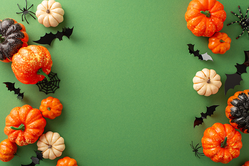 Original Halloween theme. Top-down view of themed embellishments, petite pumpkins, insects, eerie spiders, spiderweb, bats on green surface, vacant space for text message or promotion