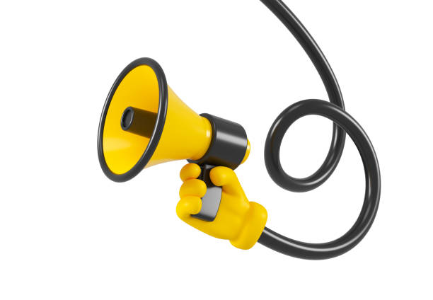 istock Yellow megaphone in cartoon character flexible twisted hand. Black friday concept. 3d rendering 1664075236