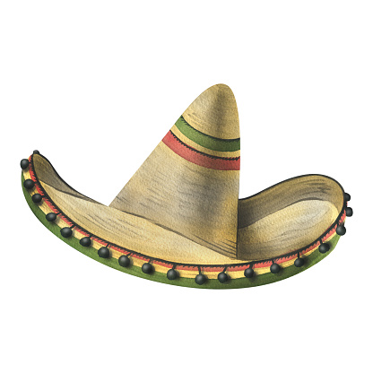 Sombrero straw hat Mexican traditional with red and green pattern with black pom-poms. Watercolor illustration hand drawn. Isolated object on a white background