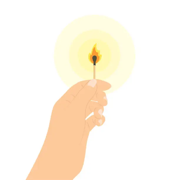 Vector illustration of Hand holding burning match vector flat illustration