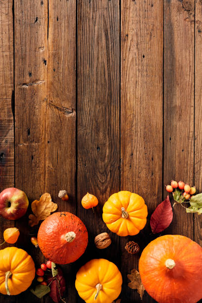 istock Thanksgiving vertical banner with pumpkins, sea buckthorn branches, apple, berries, walnuts on wooden desk. Flat lay, top view, copy space. 1664097471