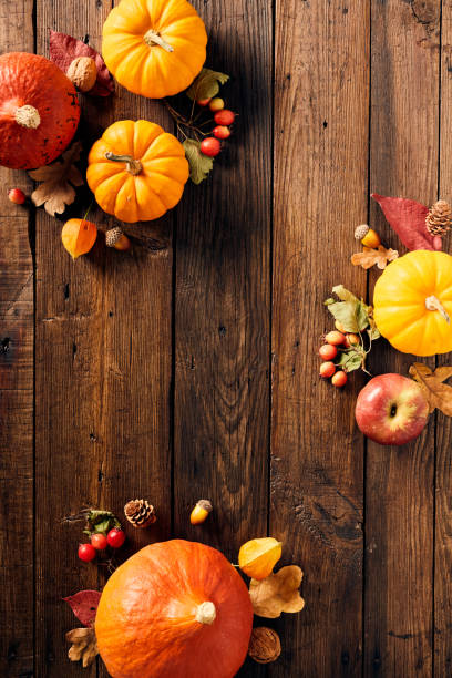 istock Thanksgiving vertical background with pumpkins, red berries, apple, fall leaves on wooden table. 1664098518