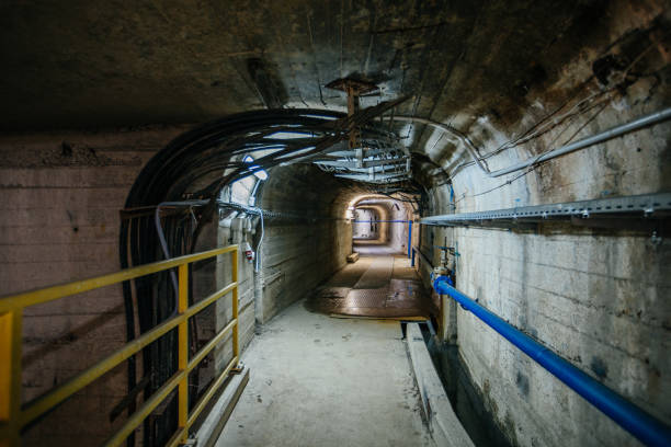 Old bunker during the Cold War. Corridor in the anti-nuclear bomb shelter