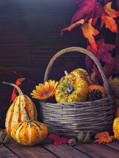 istock Decorated  Autumn Thanksgiving basket on wooden background 1664112557