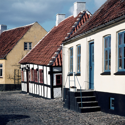 Alley in the old part of Ebeltoft with idyllic traditional half timbered houses, Denmark, Europe