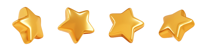 Golden star in different angles 3d illustration set - glossy gold floating star-shaped design element for rating or winner concept. Symbol of best quality and good rating.