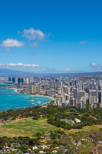 Mountain view of Waikiki beach cityscape on a sunny afternoon with the Pacific Ocean in the background. Oahu, Hawaii.
