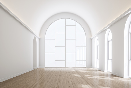 Minimal classical style empty white arch room interior 3d render, There are wooden floor arch shape window sunlight shine into the room decorated with hidden light on the wall