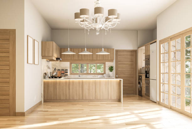 istock Modern contemporary style empty room with wooden kitchen counter background 3d render 1664139484