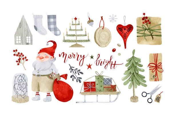 Rustic Scandinavian Christmas watercolor elements collection. Santa Claus, Christmas presents, Christmas tree, stockings and lettering Rustic Scandinavian Christmas watercolor elements collection. Santa Claus, Christmas presents, Christmas tree, stockings and lettering dwarf pine trees stock illustrations