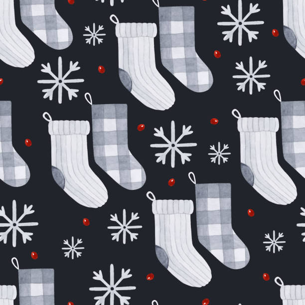 ilustraciones, imágenes clip art, dibujos animados e iconos de stock de calcetines navideños y copos de nieve patrón de acuarela sin costuras sobre fondo oscuro - vector illustration and painting backgrounds sock