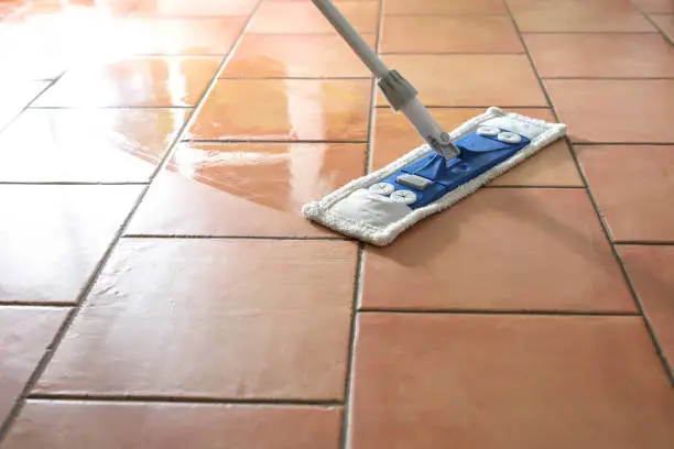 Flat wet-mop made of microfiber wipes the tiled terracotta floor, daily cleaning routine for a hygienic and healthy home, copy space, selected focus, narrow depth of field