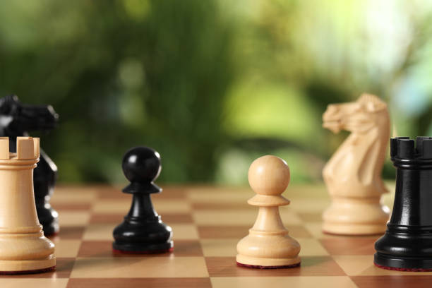 istock Wooden chess pieces on game board against blurred background, closeup 1664169147