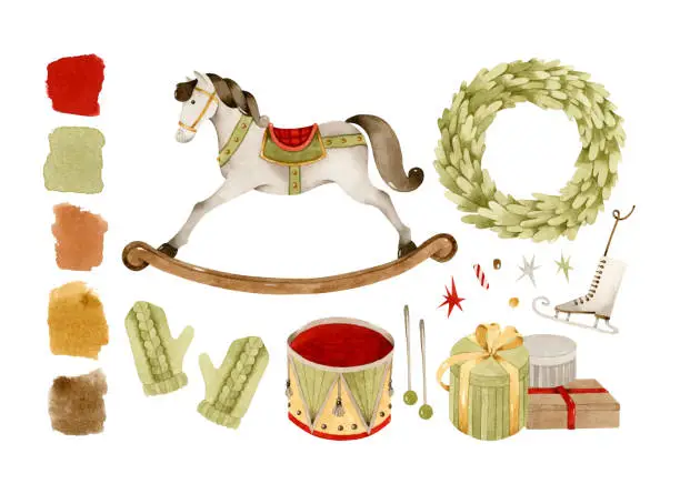 Vector illustration of Vintage rocking horse and Christmas toys watercolor elements set clip art