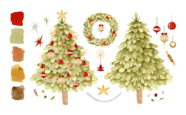 Vector illustration of Christmas vintage decorated tree and wreath watercolor illustration clip art