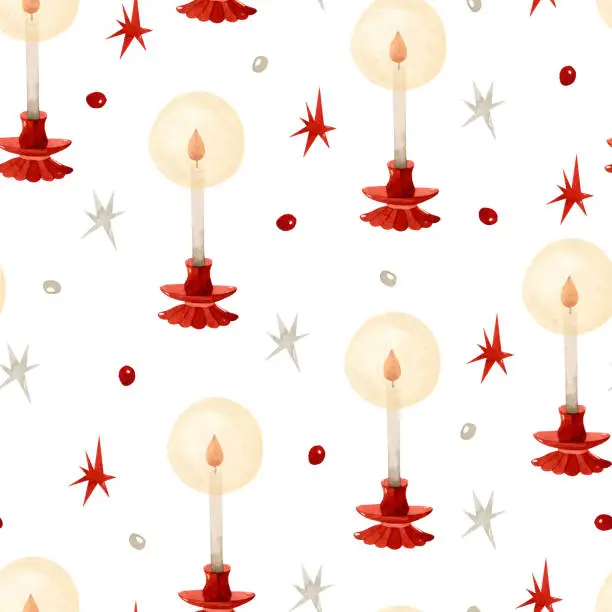 Vector illustration of Vintage candles with stars watercolor seamless pattern