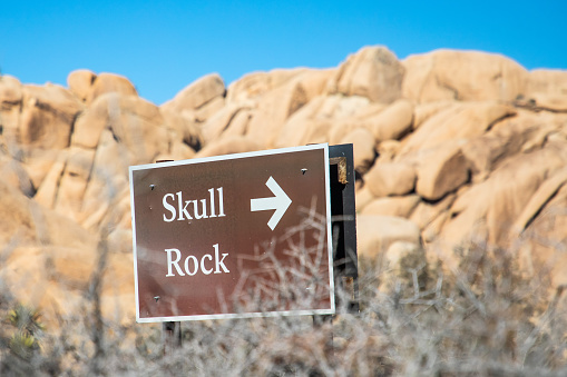 Joshua Tree National Park, California, USA. Sign for Skull Rock in Joshua Tree National Park.