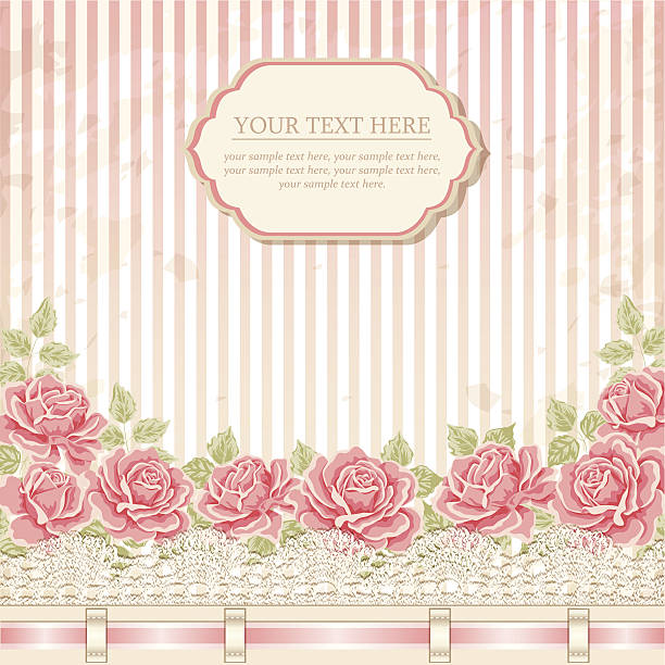 Vignette greeting card with pink roses and stripes with lace vector art illustration