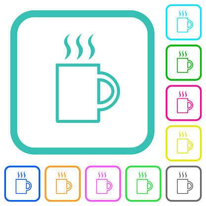 A mug of hot drink outline vivid colored flat icons in curved borders on white background