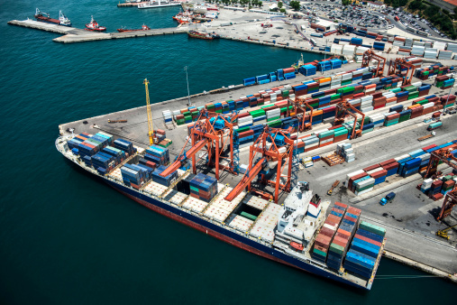 Aerial view of container port and ship in Istanbul. 