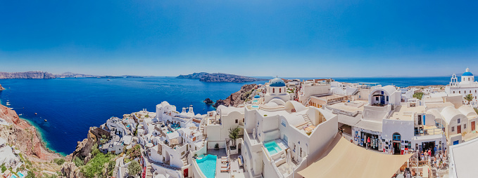 Panoramic aerial view of Santorini and its typical buildings, Greece.