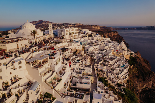 Aerial view of Greek village with white houses. Santorini, Greece