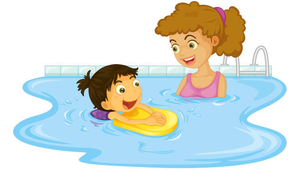 ilustrace matky a dítěte v bazénu - plavání stock ilustrace