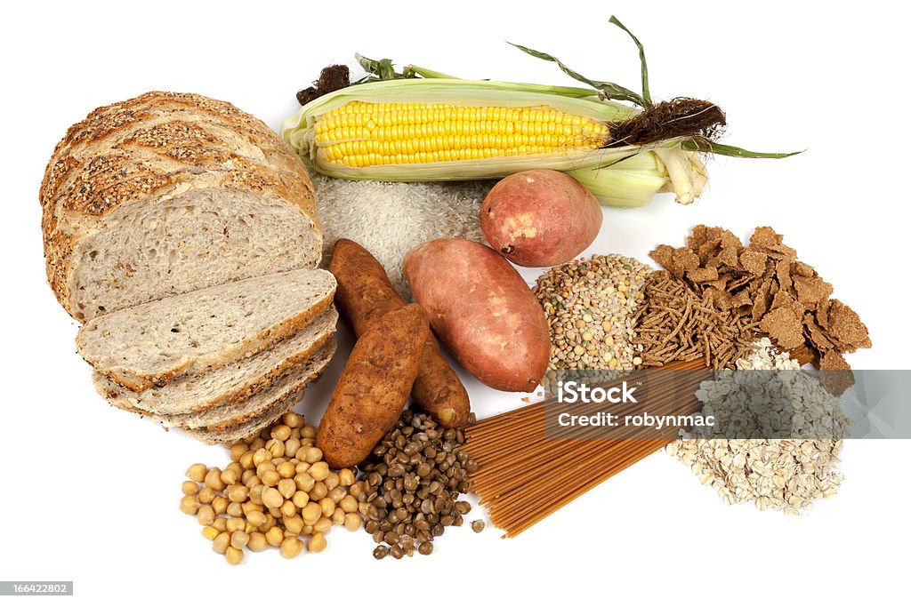 Complex Carbohydrates Food Sources Food sources of complex carbohydrates, isolated on white. Carbohydrate - Food Type Stock Photo