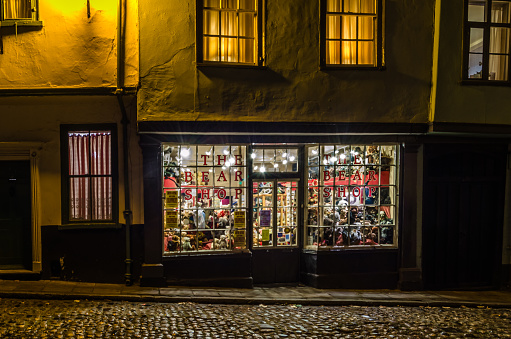 Norwich, England, UK - December 29, 2013: Night view of 'The Bear Shop' teddy bear shop in the old town of Norwich, Norfolk, England, United Kingdom