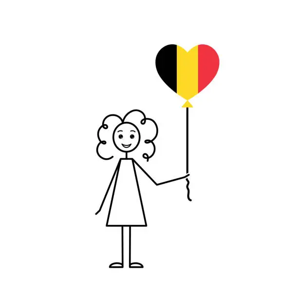 Vector illustration of belgian girl, love Belgium sketch, girl with a heart shaped balloon, black line vector illustration