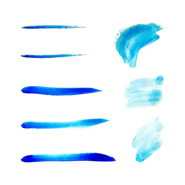 Vector illustration of Set of abstract blue watercolor lines and spots on a white background. Stain from a paint brush. Vector watercolor splash.