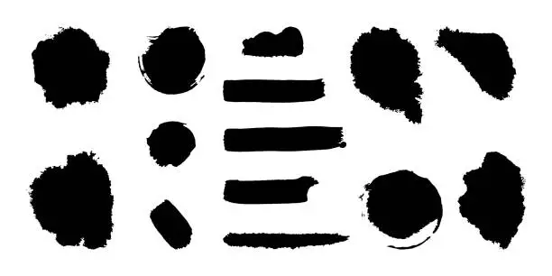 Vector illustration of Collection of black spots and brush lines. Elements of creative design in the grunge style. Set of vector brushes.