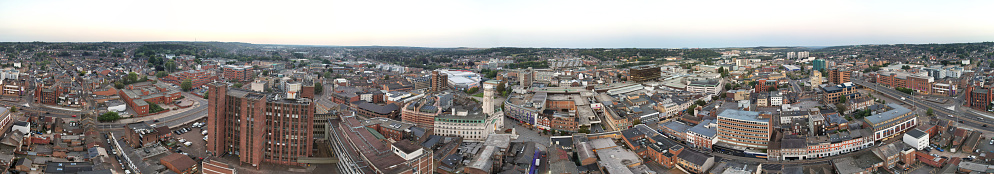 Ultra Wide Aerial Panoramic View of Illuminated Downtown Buildings, Roads and Central Luton City of England UK at Beginning of Clear Weather's Night of September 5th, 2023