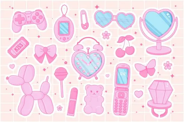 Vector illustration of Cute Barbiecore set. Pink women's accessories. Kawaii glamour. Teenage girly style. Nostalgic pinkcore 2000s style. Lipstick, glasses, ticket, lollipop ring, jelly bears gummy, tamagotchi, flip phone.