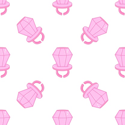 Plastic ring with a large diamond. Candy jewel. Pop style of the 90s. Seamless pattern.