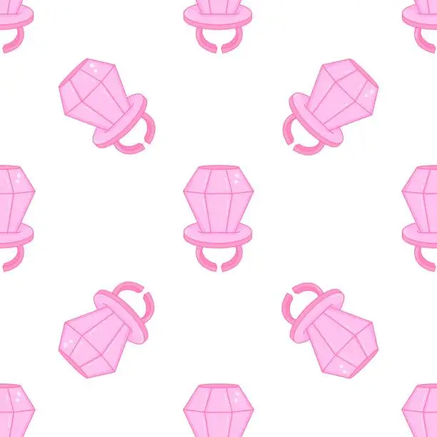 Vector illustration of Plastic ring with a large diamond. Candy jewel. Pop style of the 90s. Seamless pattern.